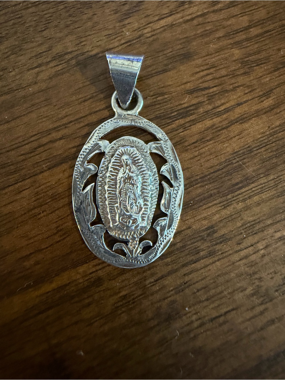 Sterling Silver Virgin Mary Oval Pendant - Silver